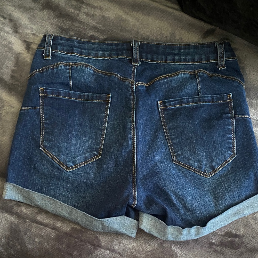 Dark Blue Distressed Rolled Hem Denim Shorts - Picture 4 of 4